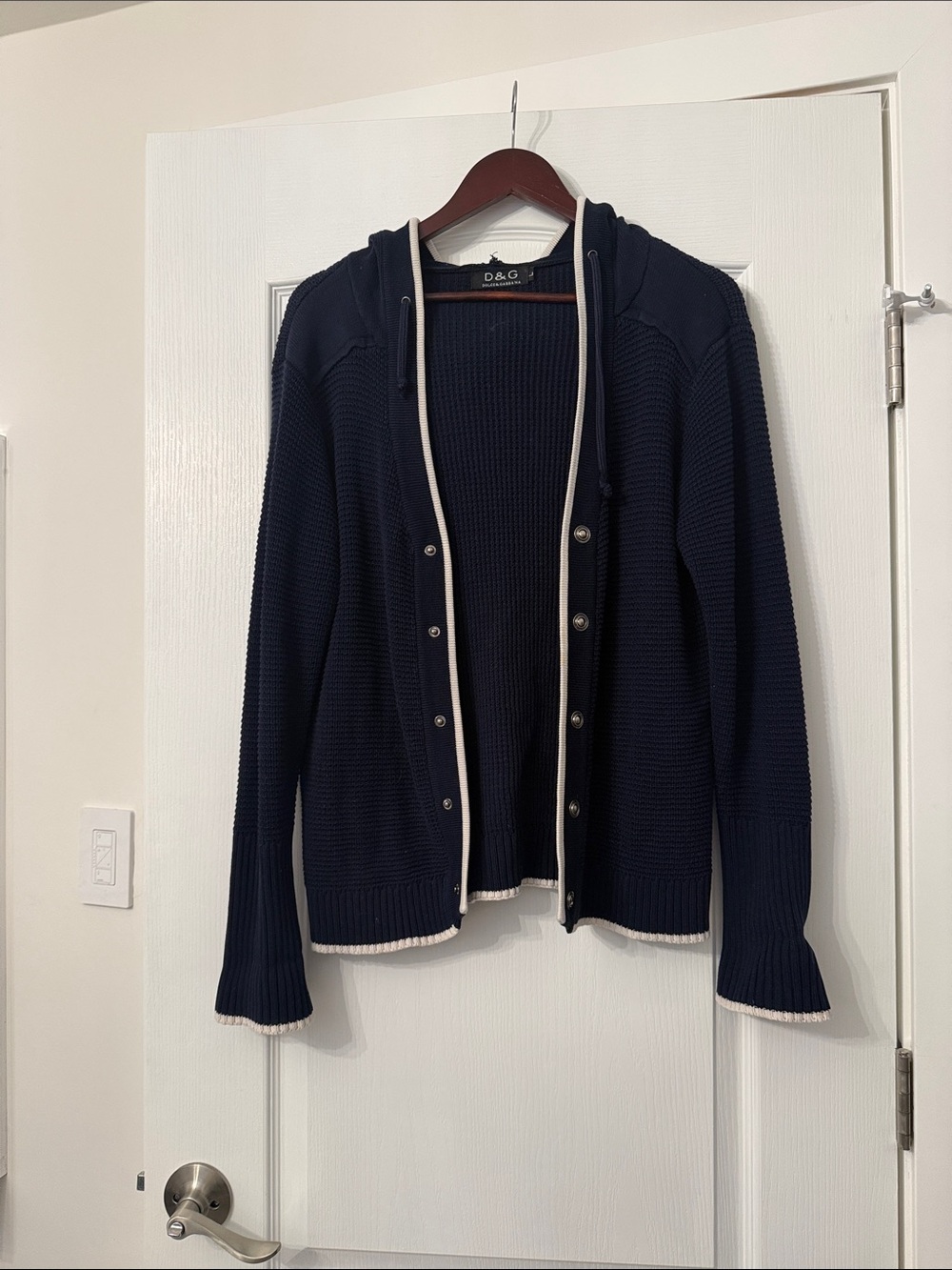 D&G Navy Hooded Snap-Front Cardigan with White Trim